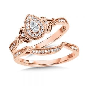 Pear-Shaped Halo Diamond Engagement Ring and Wedding Band Bridal Set