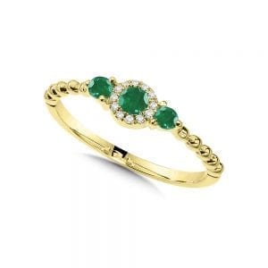 Beaded 3-Stone Halo Diamond and Emerald Ring