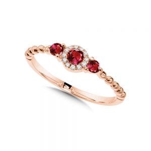 Beaded 3-Stone Halo Diamond and Ruby Ring