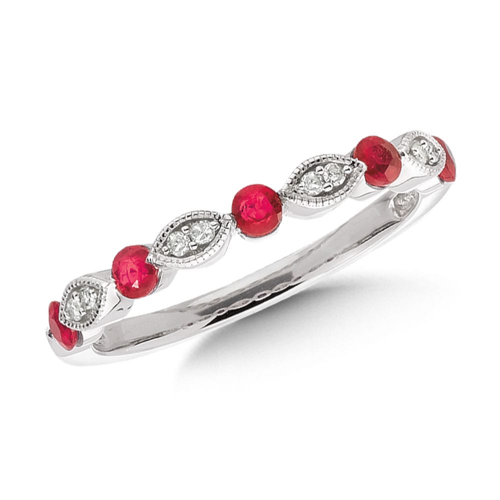 Classic Floating Ruby and Diamond Stackable Ring in 10k White Gold