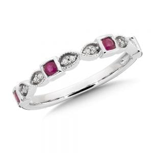 Stackable Ruby and Diamond Ring in Milgrained 10k White Gold