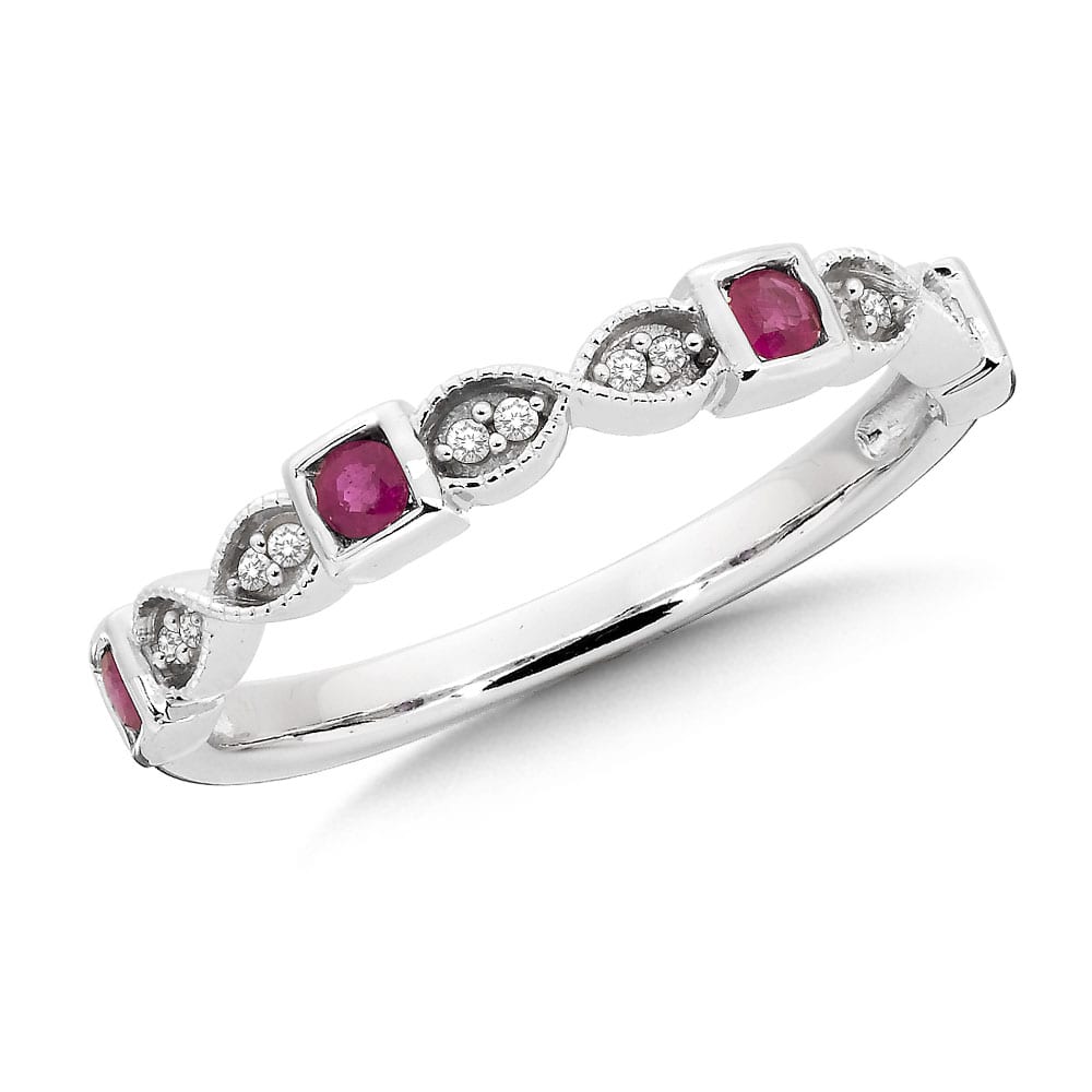 Stackable Ruby and Diamond Ring in Milgrained 10k White Gold