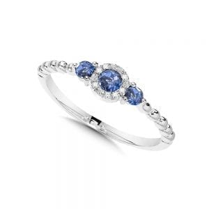 Beaded 3-Stone Halo Diamond and Sapphire Ring