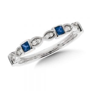 Stackable Sapphire and Diamond Ring in Milgrained 10k White Gold