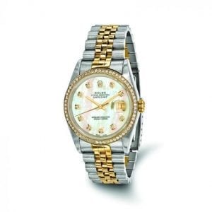 Pre-owned Rolex DateJust 18k Yellow Gold & Stainless Steel Mother of Pearl Diamond Dial Men's Watch