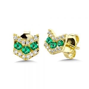 Angled 3-Row Diamond and Emerald Stud Earrings