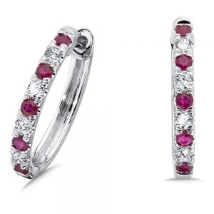 Channel set Diamond and Ruby Oval Hoop Earrings