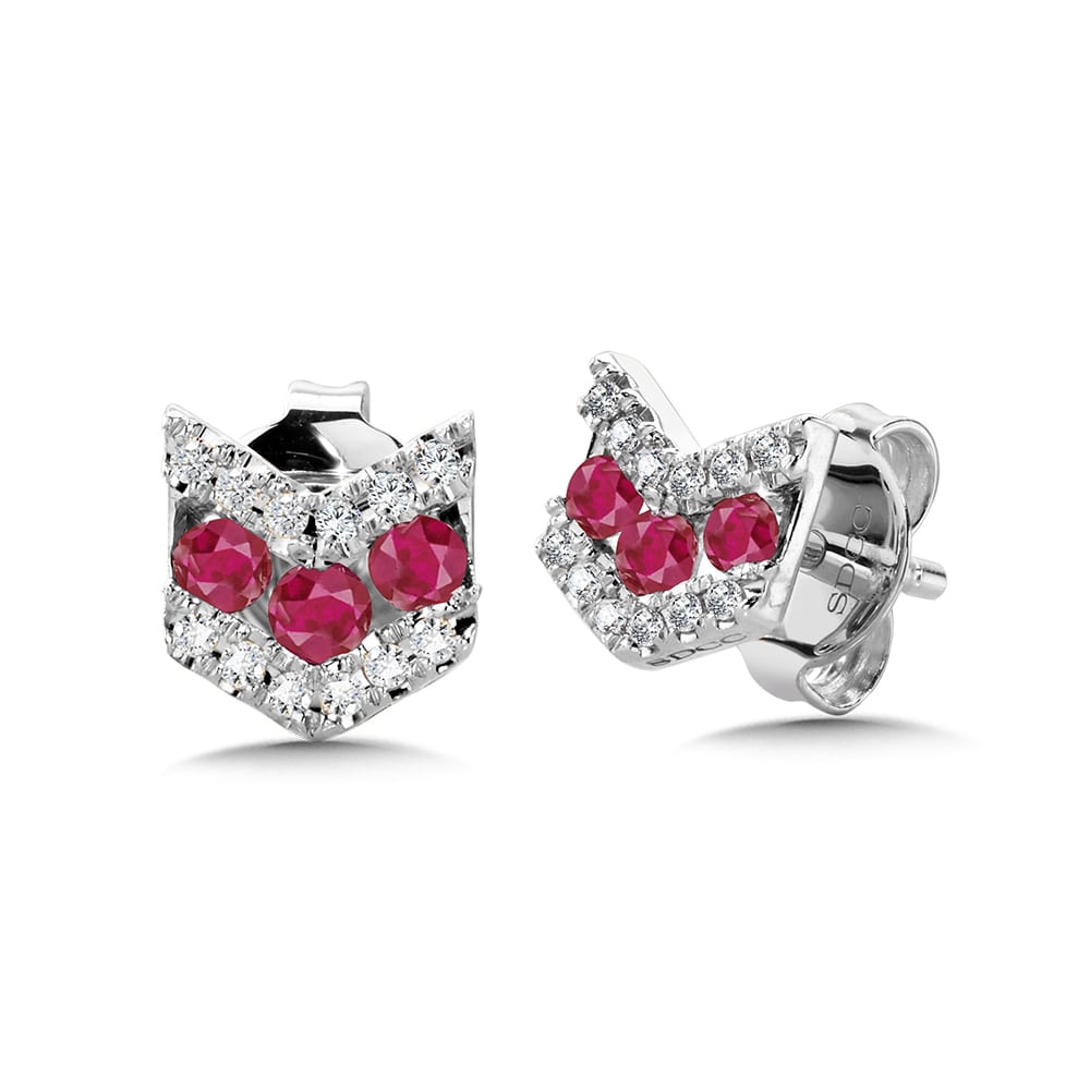 Angled 3-Row Diamond and Ruby Studs