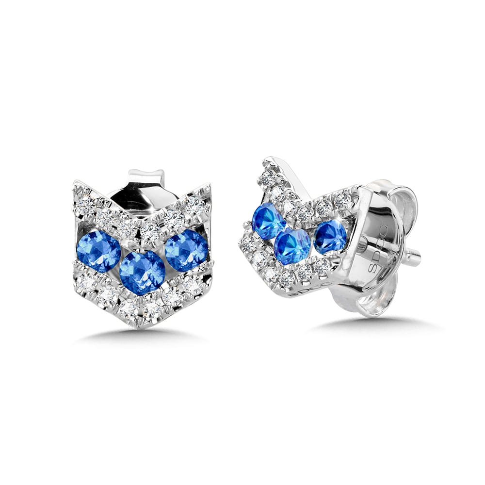 Angled 3-Row Diamond and Sapphire Stud Earrings
