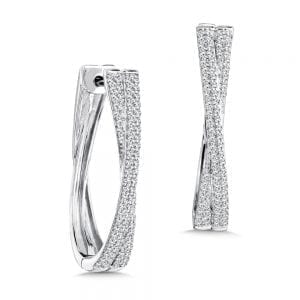 Pave set Diamond Crossover Hoops in 14k White Gold