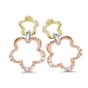 14K Tri-Color Gold Floral Diamond Earrings