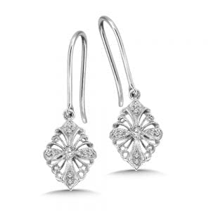 Ornate Sterling Silver Dangle Diamond Earrings