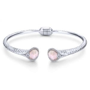Hammered 925 Silver Rock Crystal and Pink MOP Split Bangle