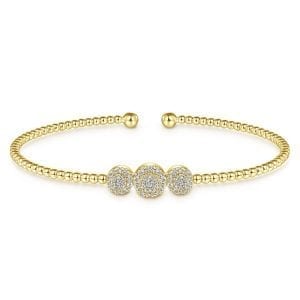 14K Yellow Gold Bujukan Bead Cuff Bracelet with Three Pavé Diamond Stations