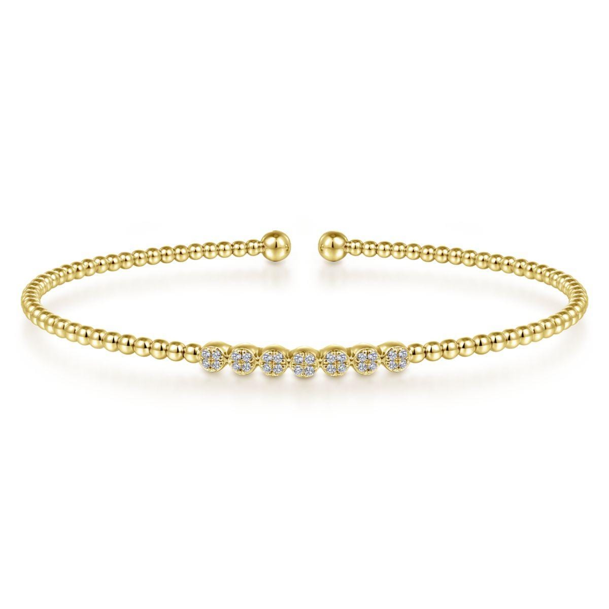 14K Yellow Gold Bujukan Bead Cuff Bracelet with Cluster Diamond Stations