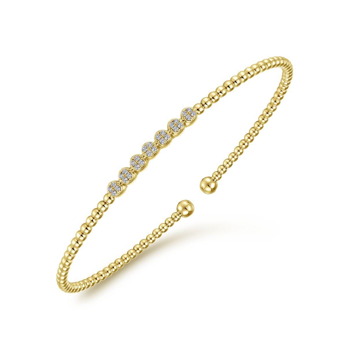 14K Yellow Gold Bujukan Bead Cuff Bracelet with Cluster Diamond Stations - Image 2