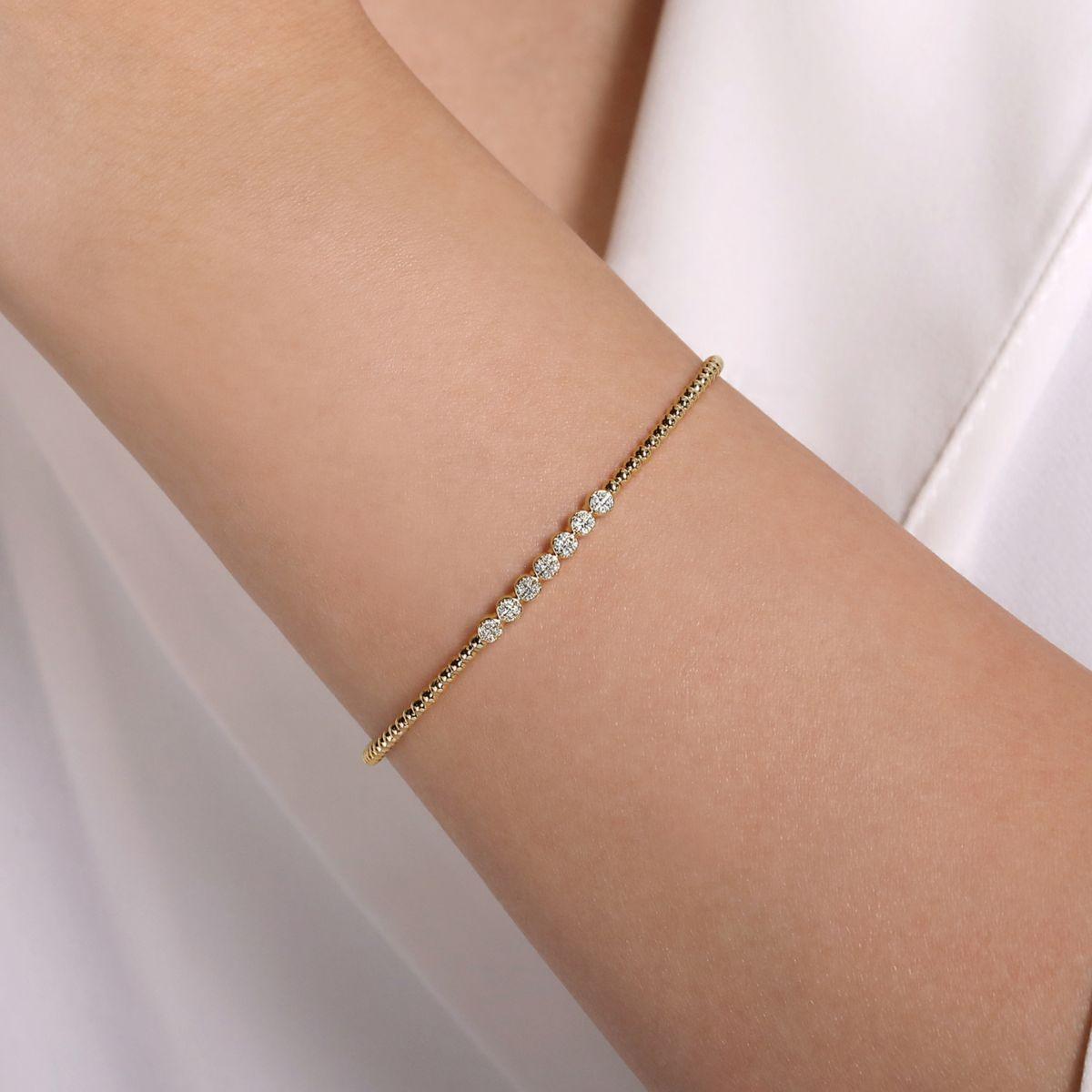 14K Yellow Gold Bujukan Bead Cuff Bracelet with Cluster Diamond Stations - Image 4