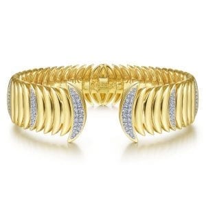 14K Yellow Gold Crescent Moon Open Cuff Bracelet with Diamond Pavé Stations