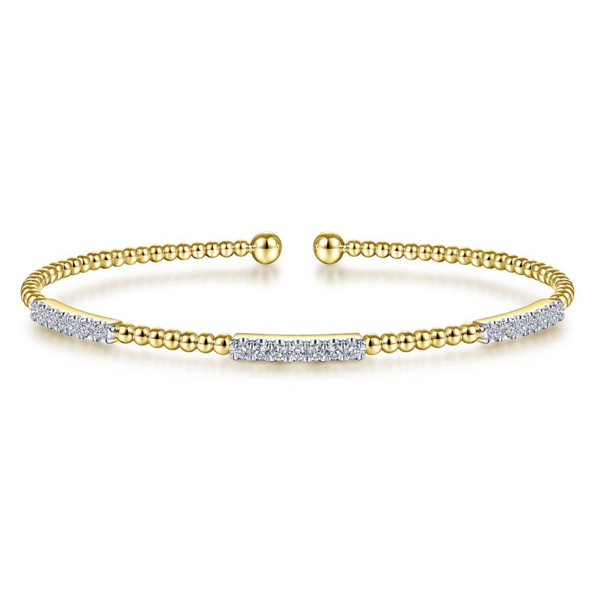 14K Yellow Gold Bujukan Bead Cuff Bracelet with Diamond Pavé Stations