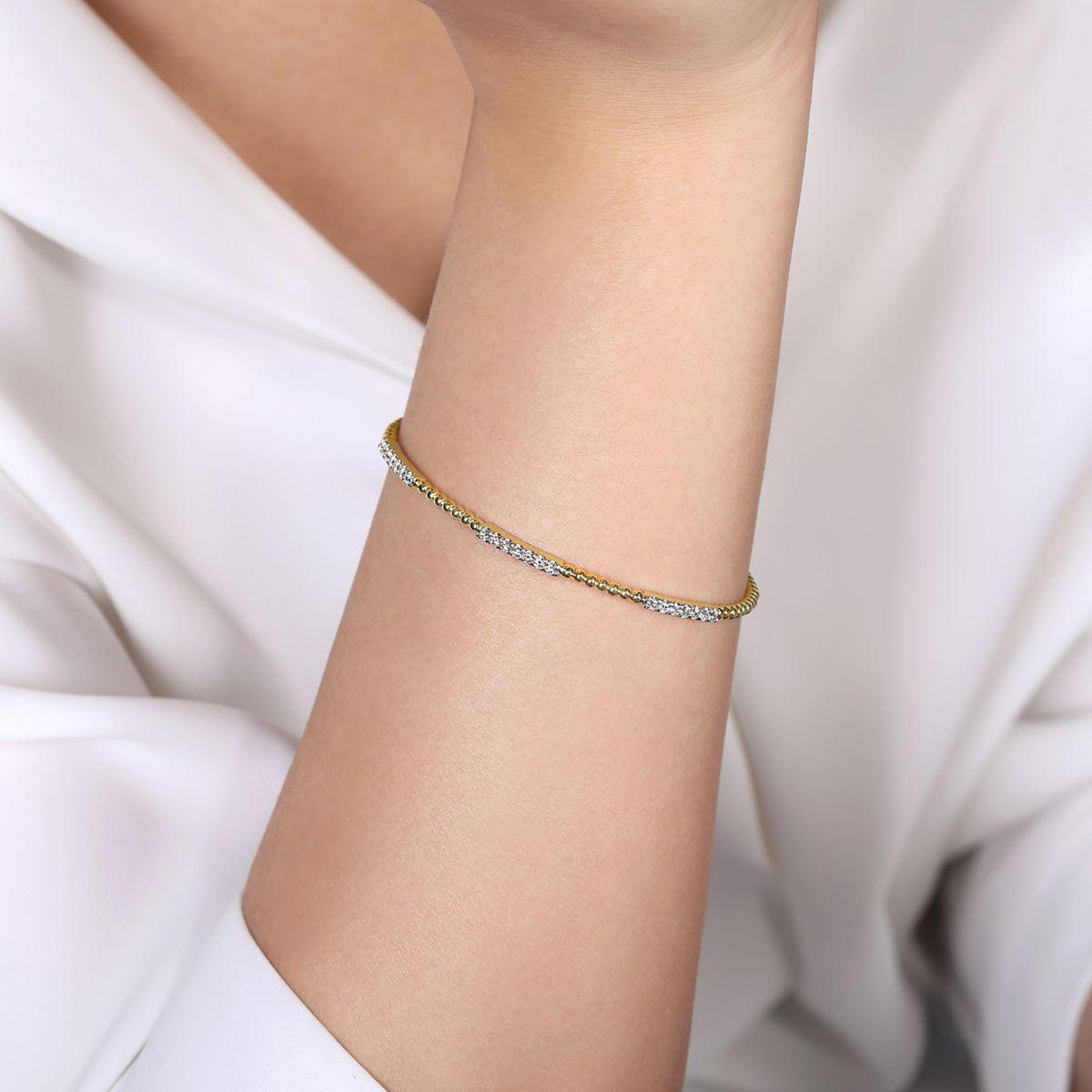 14K Yellow Gold Bujukan Bead Cuff Bracelet with Diamond Pavé Stations - Image 4