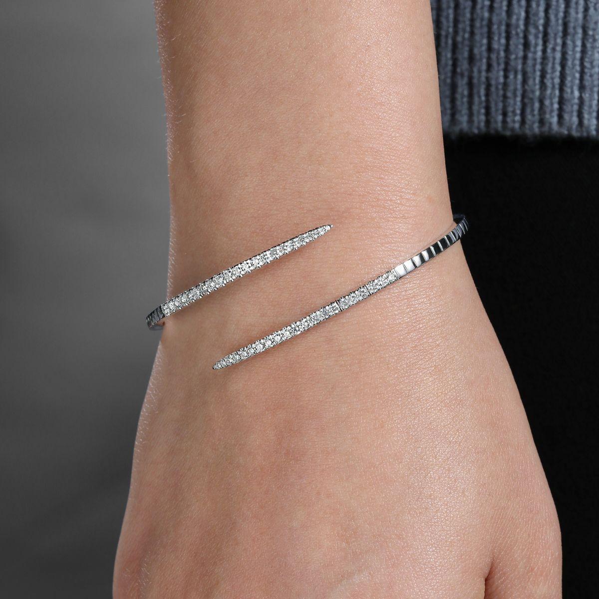 14K White Gold Split Bypass Diamond Bangle - Image 4