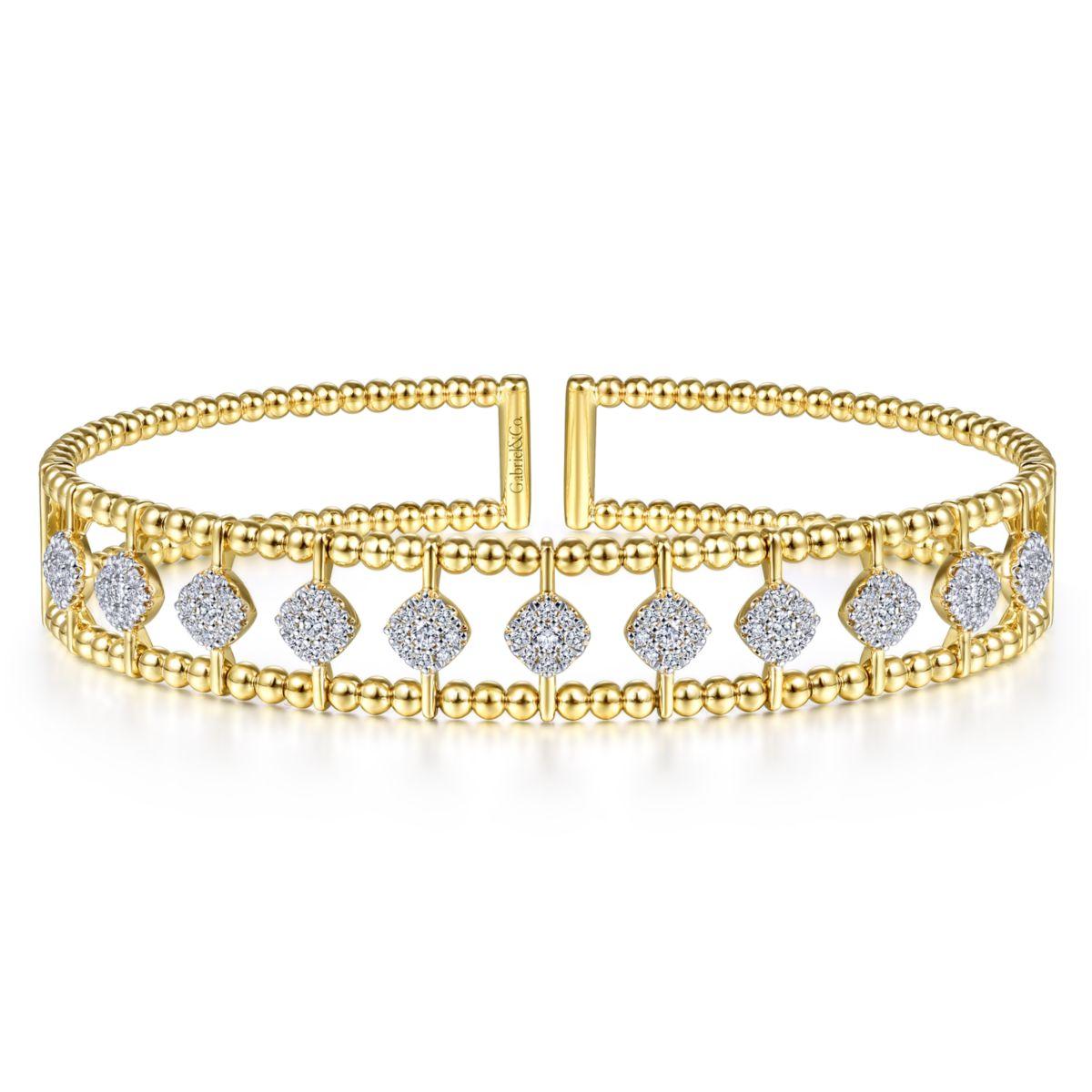 14K Yellow Gold Bujukan Bead Cuff Bracelet with Pavé Diamond Connectors