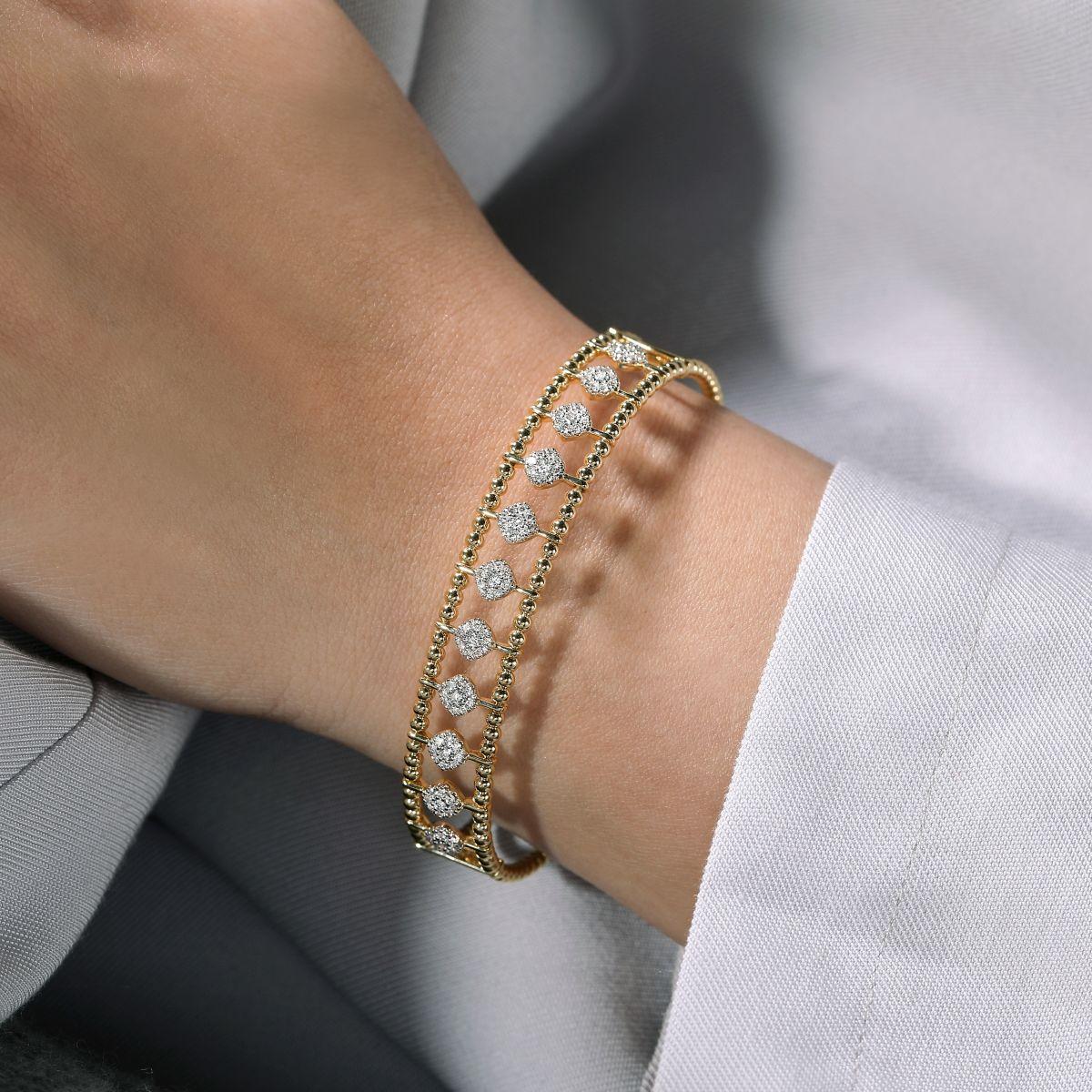 14K Yellow Gold Bujukan Bead Cuff Bracelet with Pavé Diamond Connectors - Image 4
