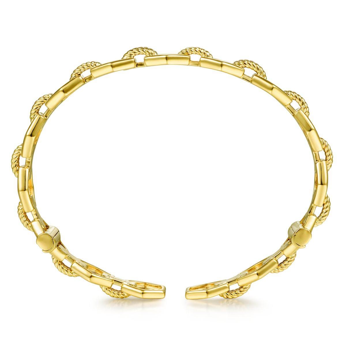14K Yellow Gold High Polished Chain Link Cuff Bracelet with Twisted Rope Connectors - Image 3