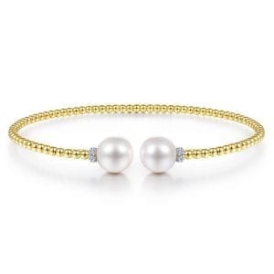 14K Yellow Gold Bujukan Bead Split Bracelet with Pearl and Diamond Caps