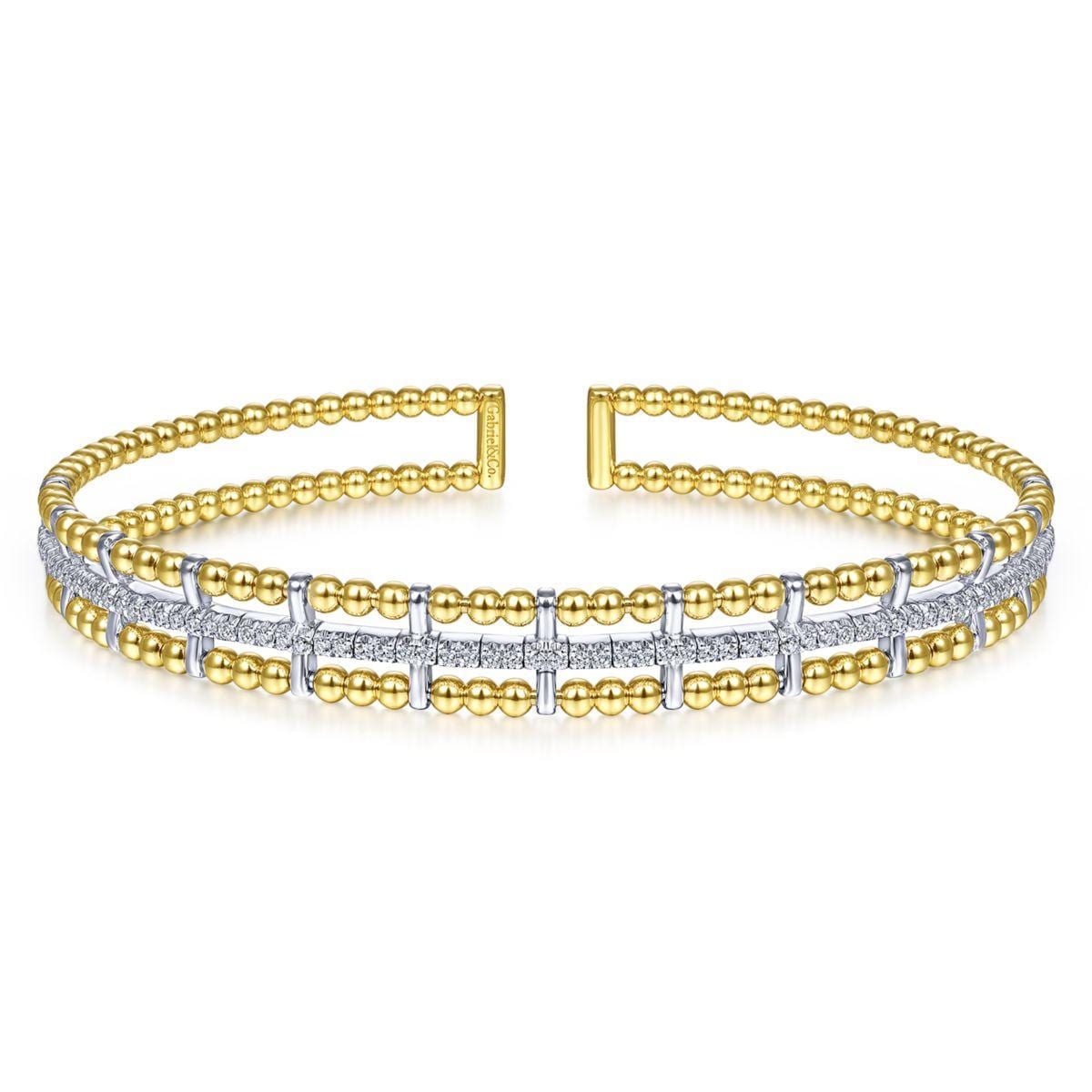 14K Yellow and White Gold Bujukan Bead Cuff Bracelet with Inner Diamond Channel