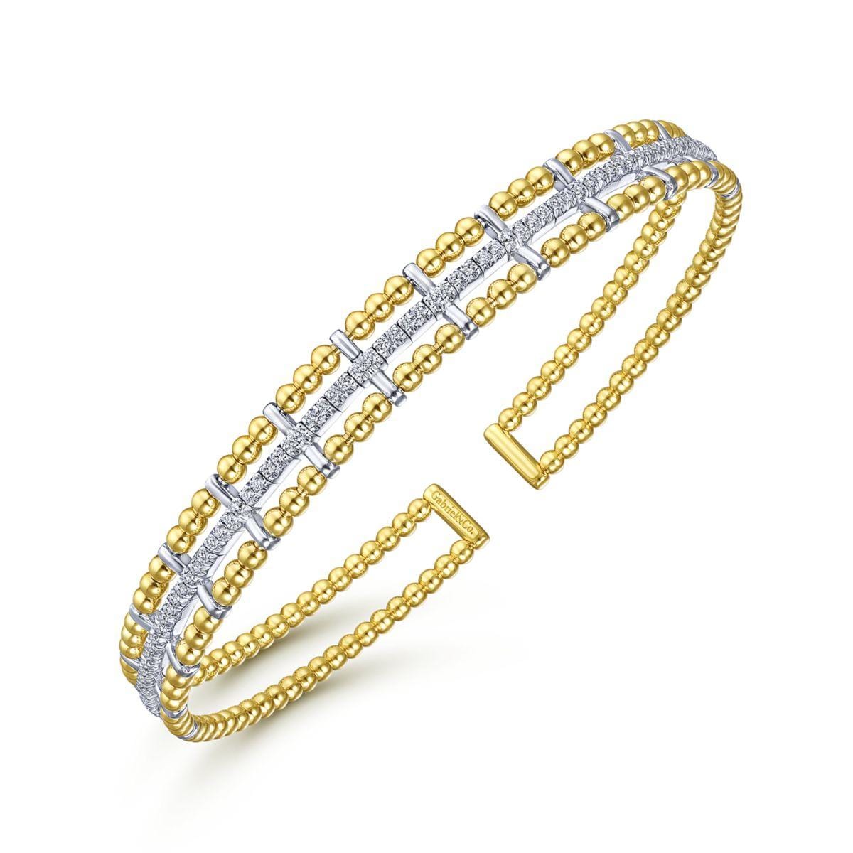14K Yellow and White Gold Bujukan Bead Cuff Bracelet with Inner Diamond Channel - Image 2