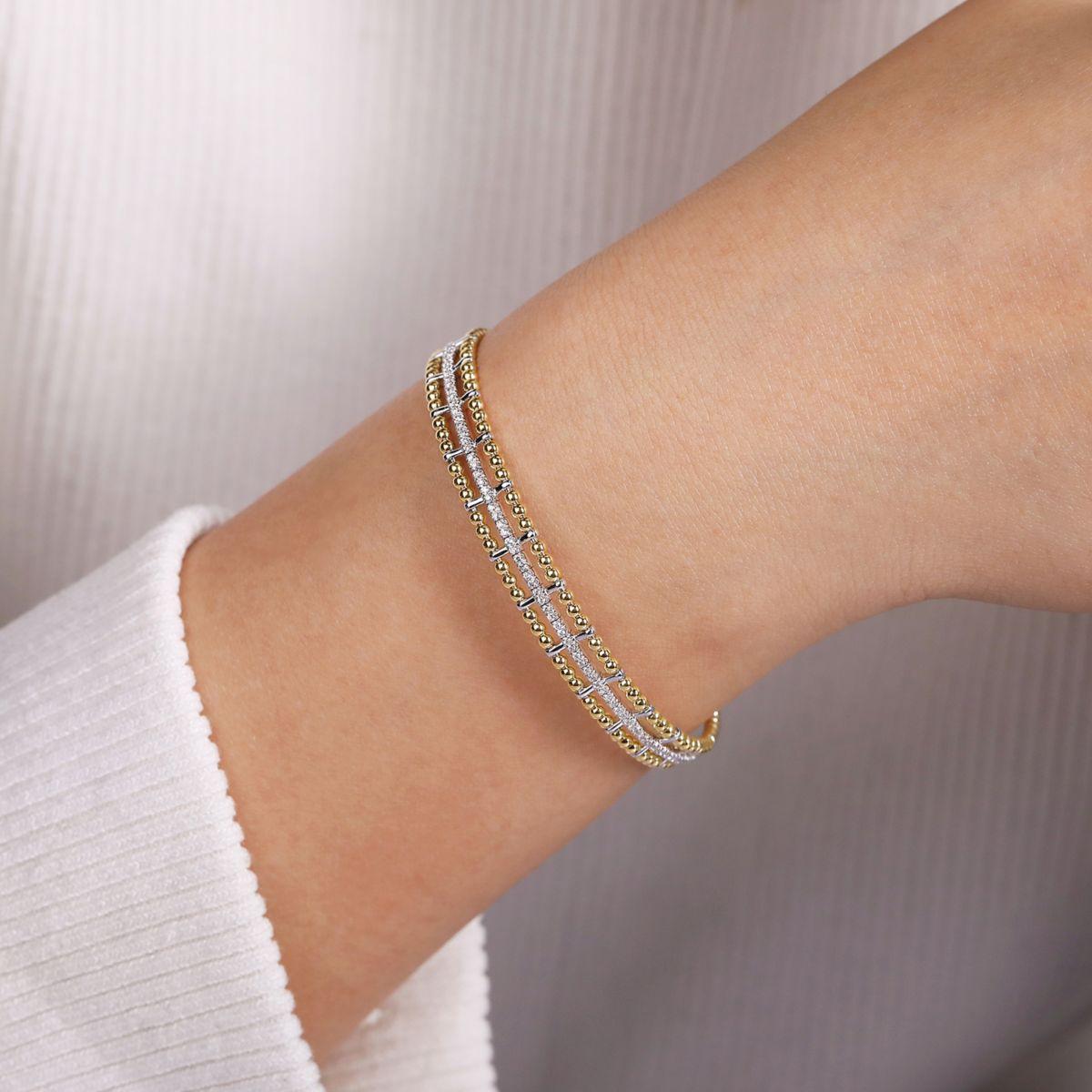14K Yellow and White Gold Bujukan Bead Cuff Bracelet with Inner Diamond Channel - Image 4