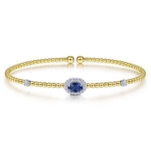 14K White-Yellow Gold Bujukan Bead Cuff Bracelet with Sapphire and Diamond Halo Station