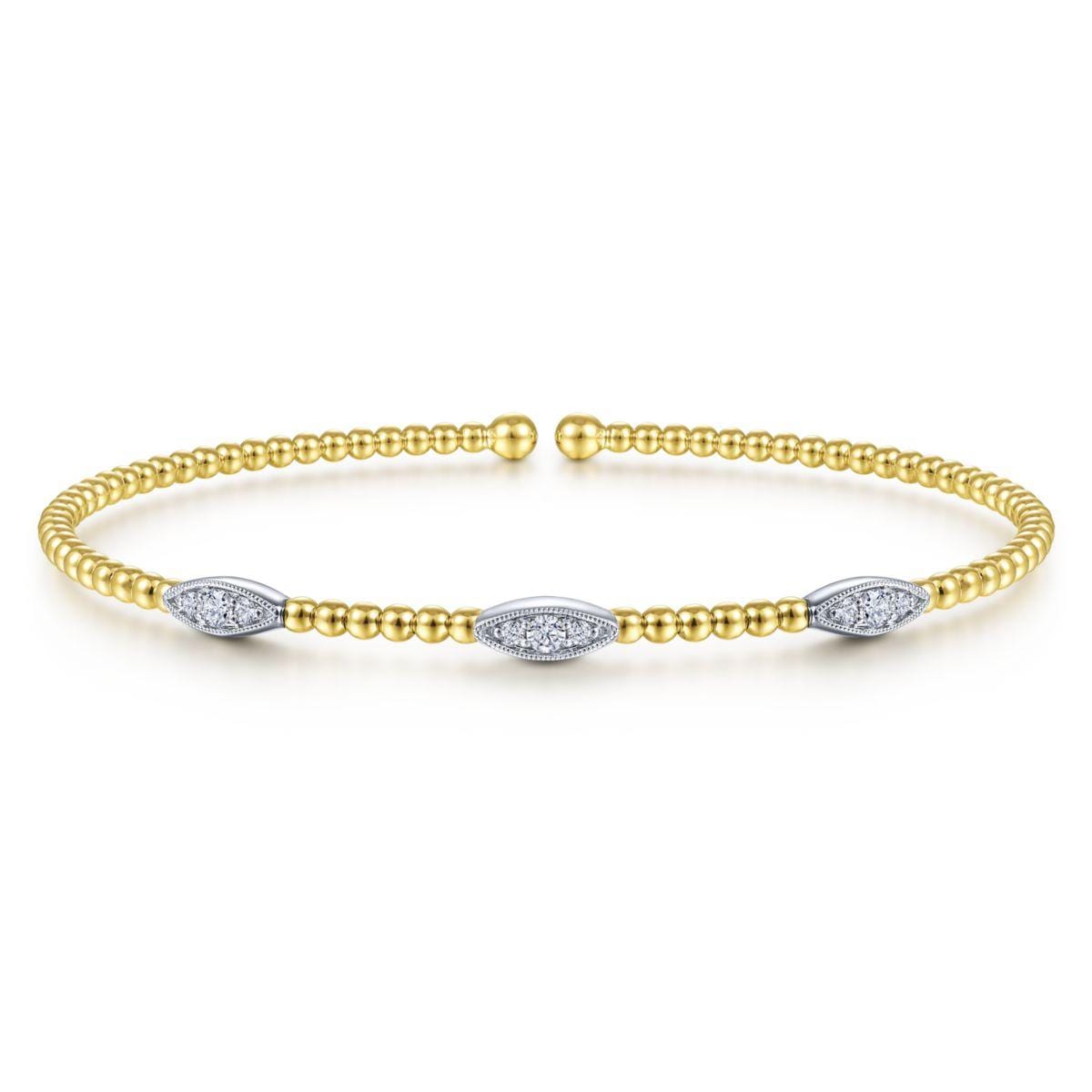 14K White-Yellow Gold Bujukan Bead Cuff Bracelet with Diamond Filled Marquise Stations