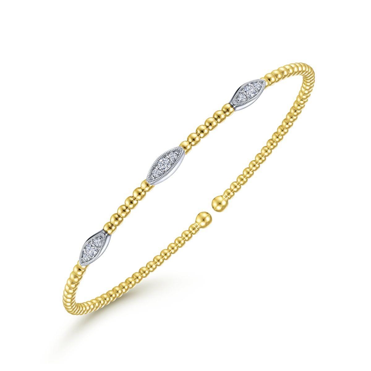 14K White-Yellow Gold Bujukan Bead Cuff Bracelet with Diamond Filled Marquise Stations - Image 2