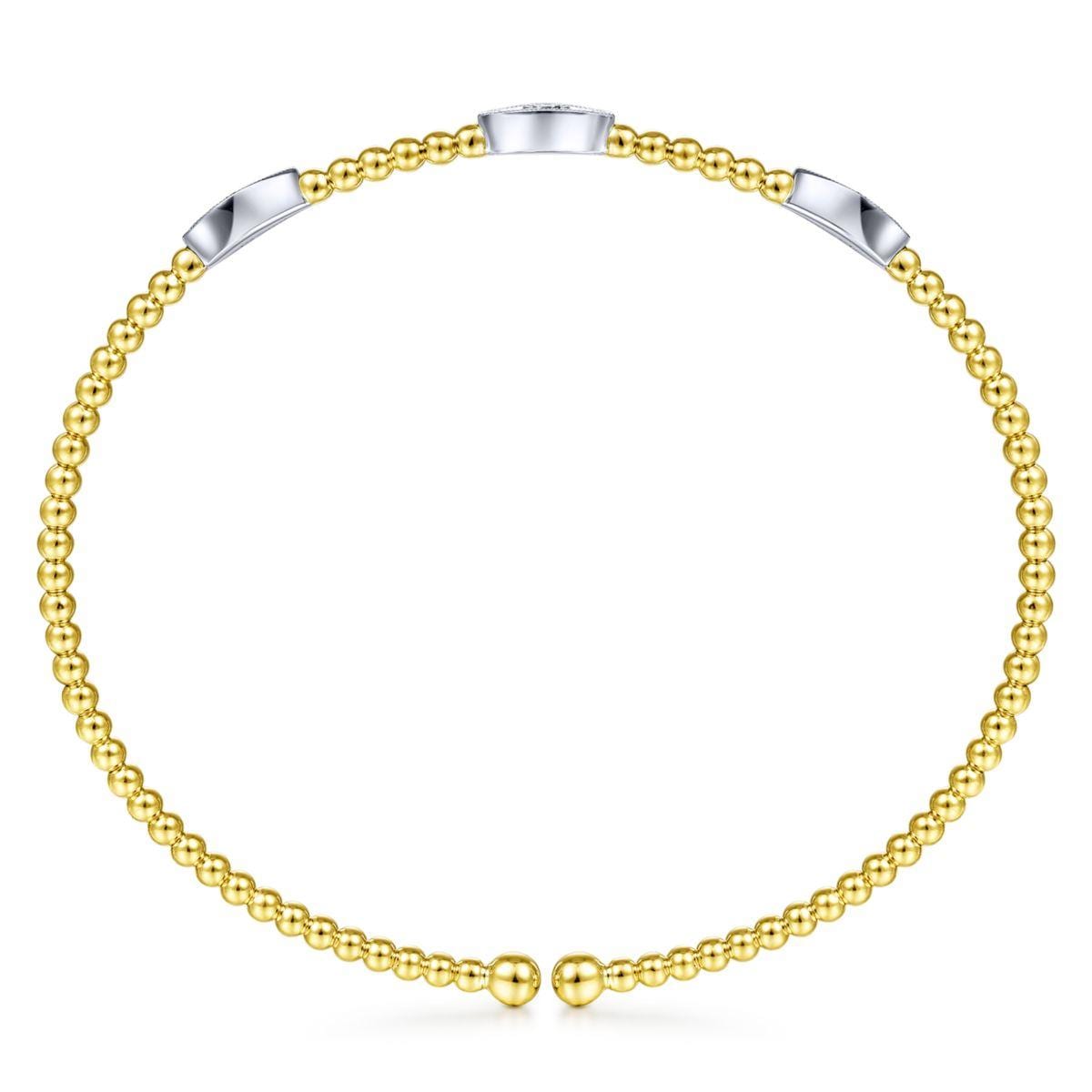 14K White-Yellow Gold Bujukan Bead Cuff Bracelet with Diamond Filled Marquise Stations - Image 3