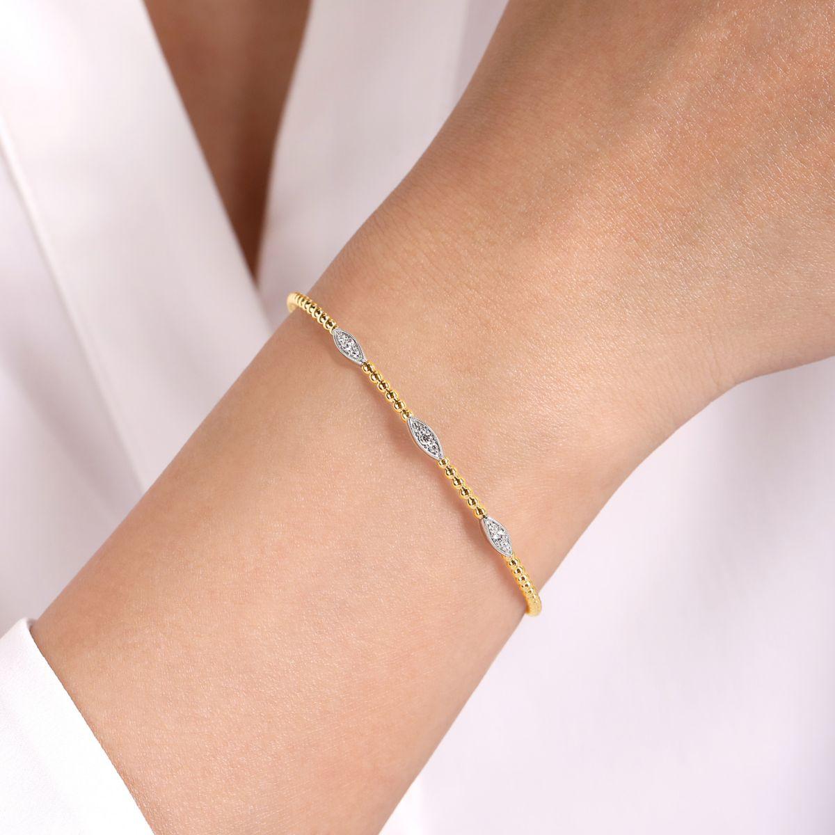 14K White-Yellow Gold Bujukan Bead Cuff Bracelet with Diamond Filled Marquise Stations - Image 4