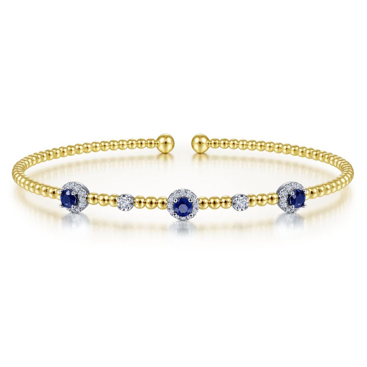 14K White-Yellow Gold Bujukan Bead Cuff Bracelet with Sapphire and Diamond Halo Stations