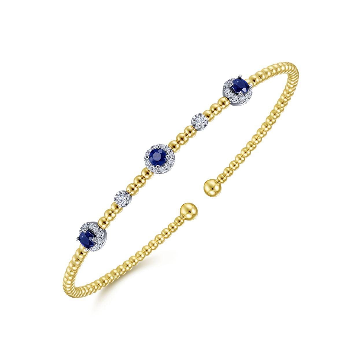 14K White-Yellow Gold Bujukan Bead Cuff Bracelet with Sapphire and Diamond Halo Stations - Image 2