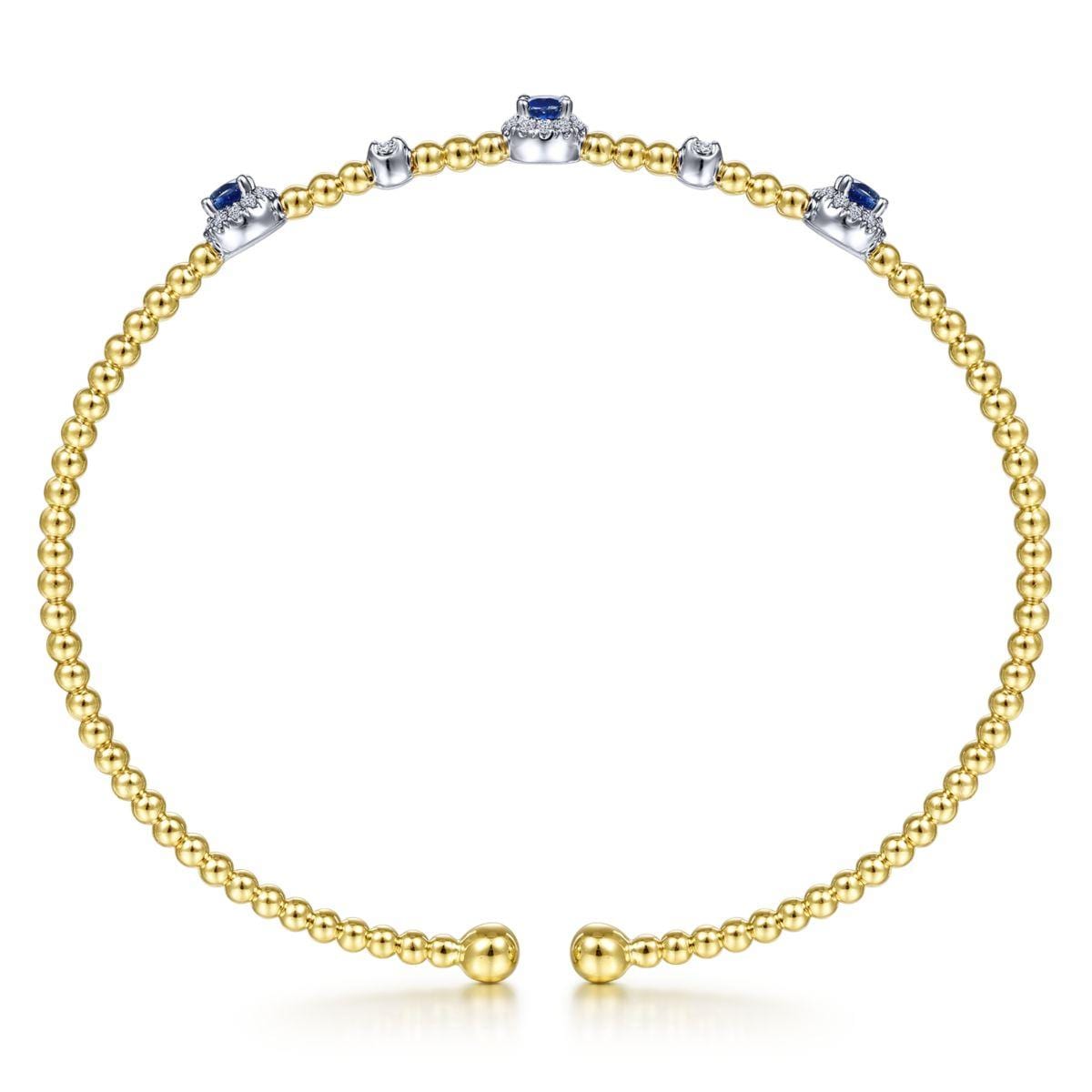 14K White-Yellow Gold Bujukan Bead Cuff Bracelet with Sapphire and Diamond Halo Stations - Image 3