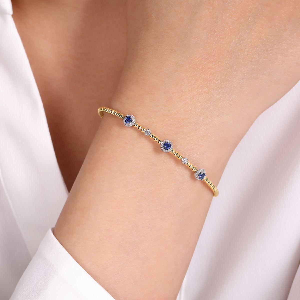14K White-Yellow Gold Bujukan Bead Cuff Bracelet with Sapphire and Diamond Halo Stations - Image 4