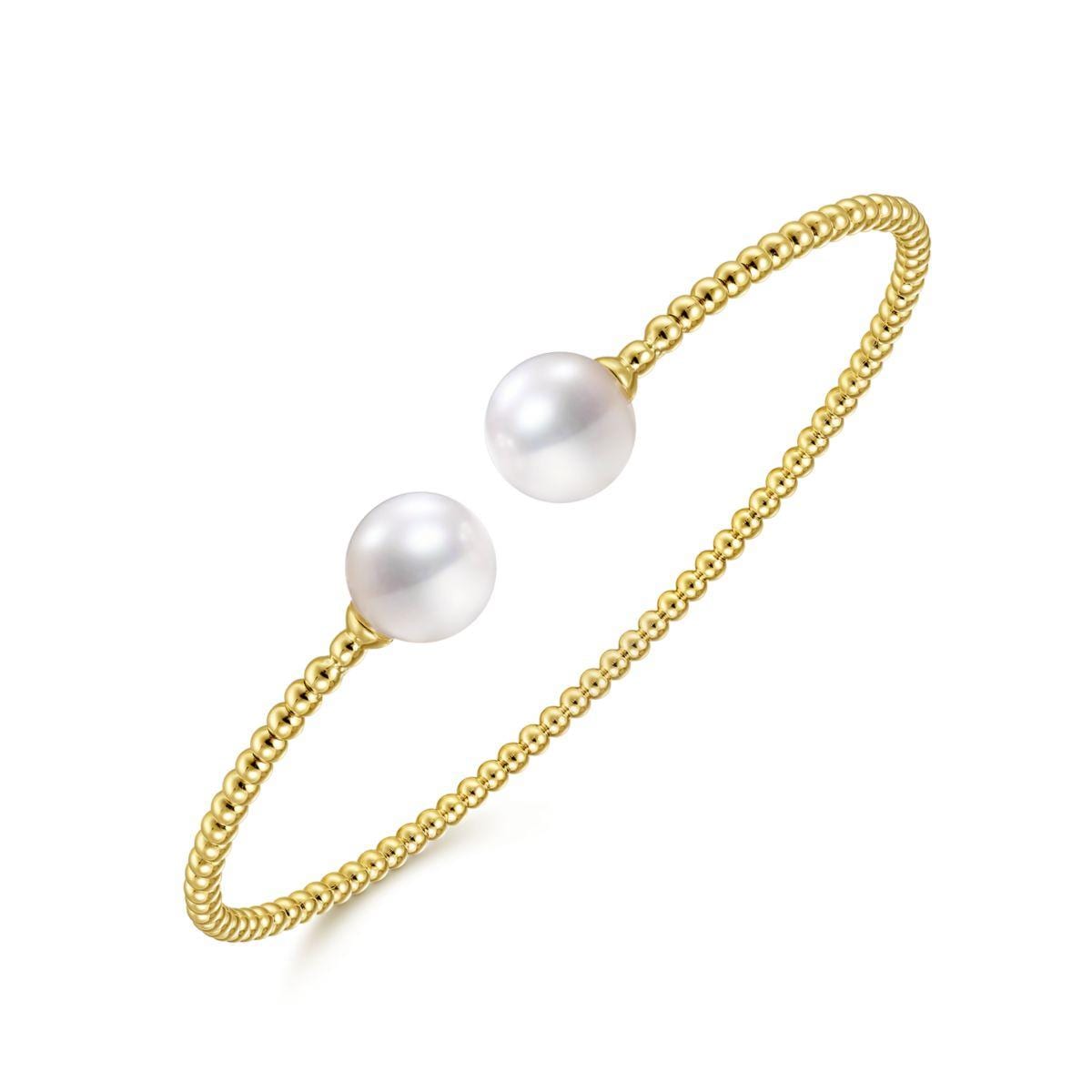 14K Yellow Gold Bujukan Bead Split Cuff Bracelet with Yellow Pearls - Image 2