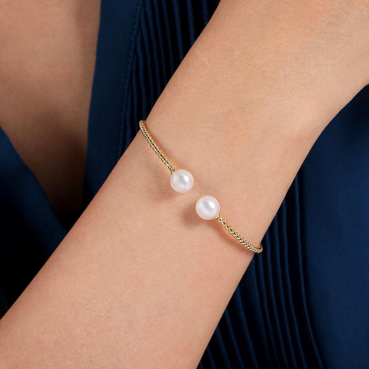 14K Yellow Gold Bujukan Bead Split Cuff Bracelet with Yellow Pearls - Image 4