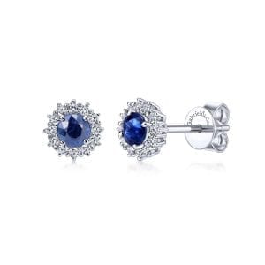 14K White Gold Round Sapphire and Diamond Halo Stud Earrings
