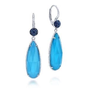 925 Sterling Silver Sapphire Earrings with Turquoise/Rock Crystal Teardrops
