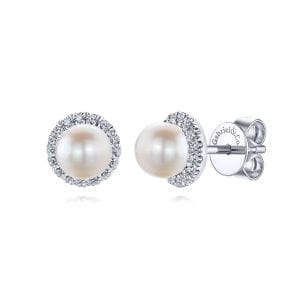 14K White Gold Round Diamond Halo Pearl Stud Earrings