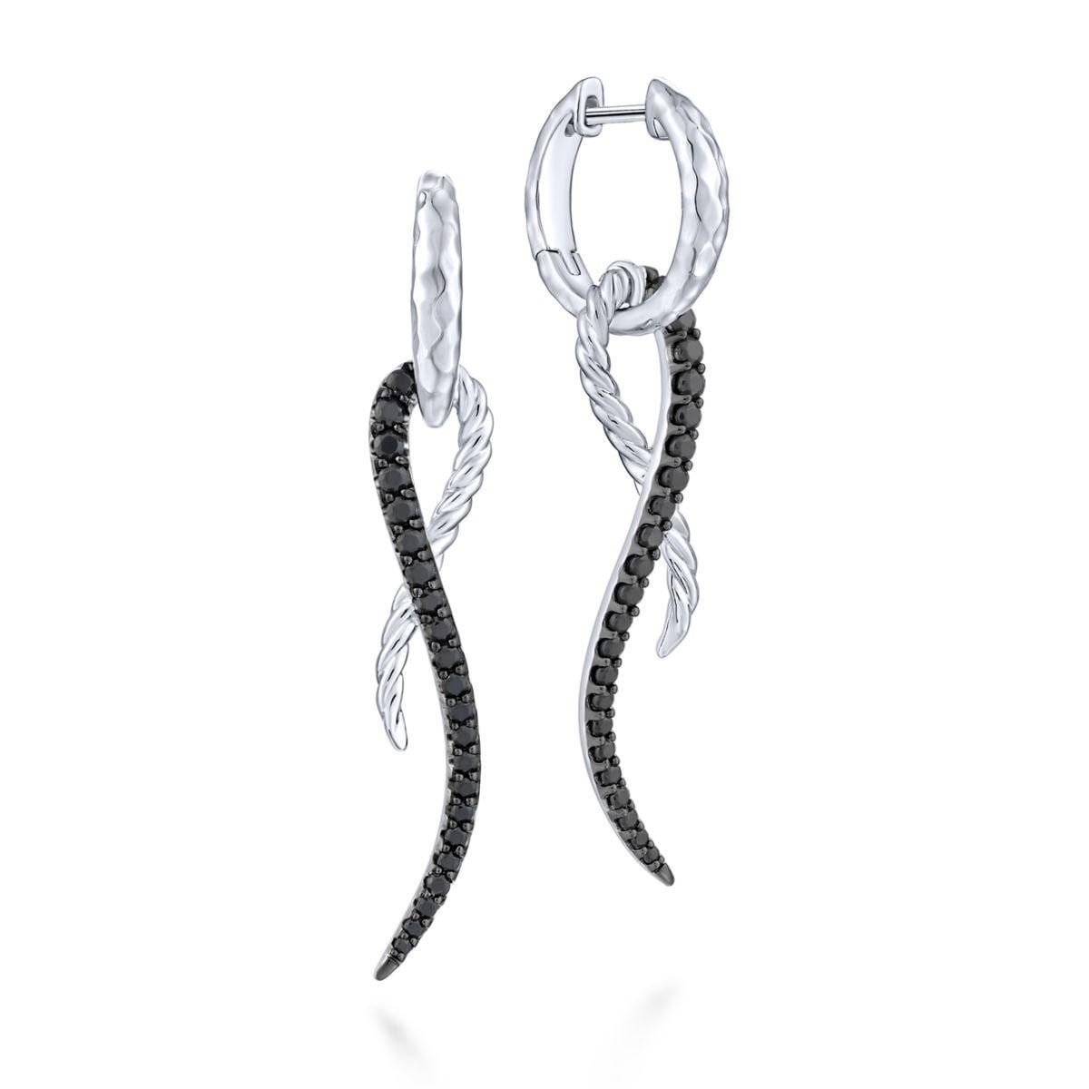 925 Sterling Silver Black Spinel Twisted Criss Cross Huggie Drop Earrings
