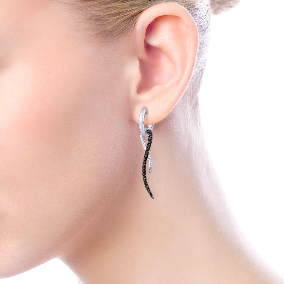 925 Sterling Silver Black Spinel Twisted Criss Cross Huggie Drop Earrings - Image 2