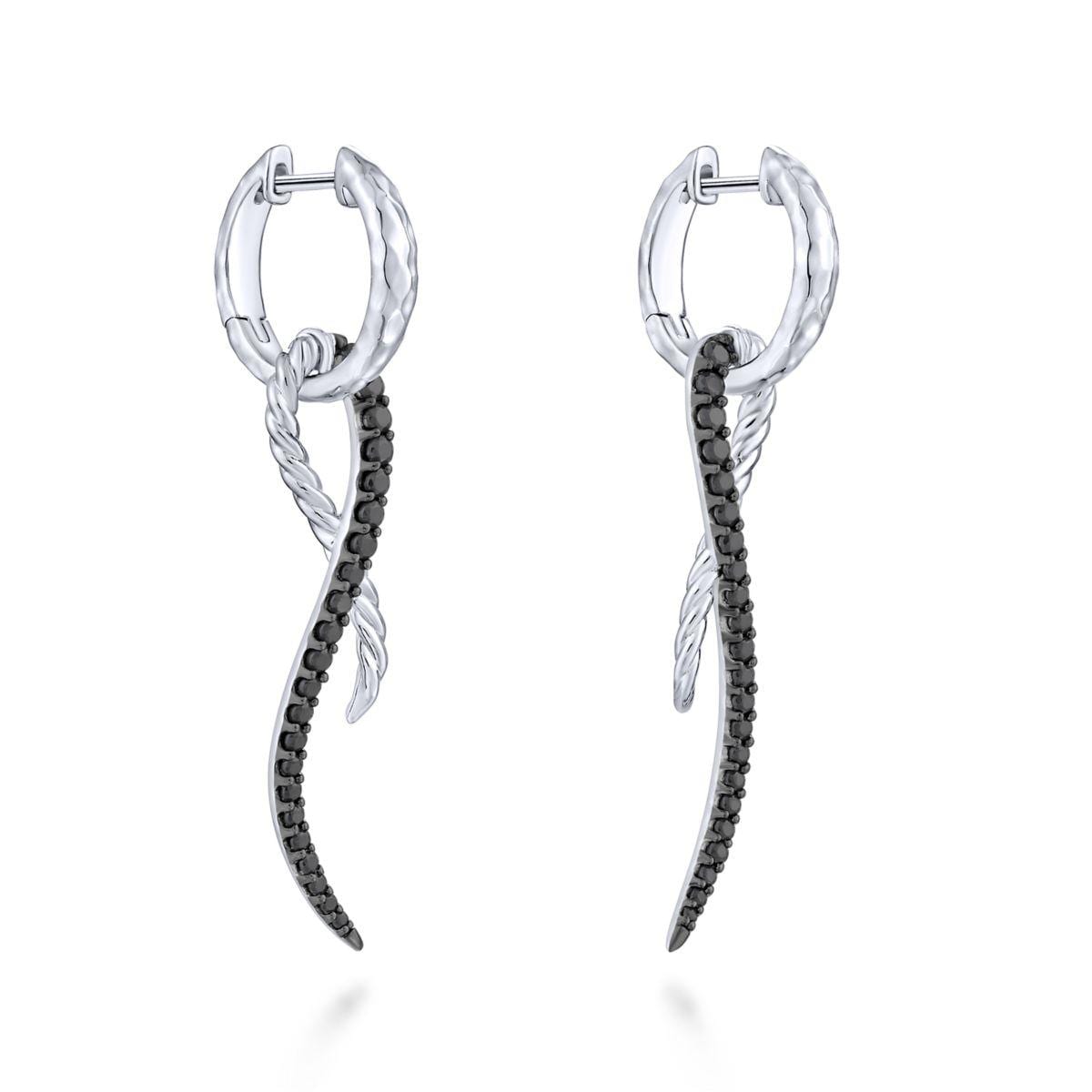 925 Sterling Silver Black Spinel Twisted Criss Cross Huggie Drop Earrings - Image 3