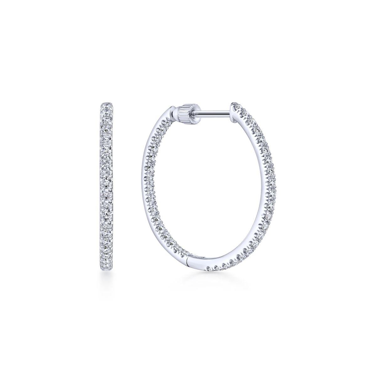14K White Gold French Pavé 20mm Round Inside Out Diamond Hoop Earrings